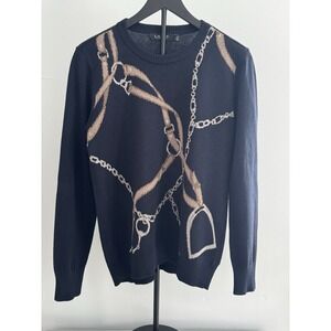 Lauren Ralph Lauren Black Label Navy Equestrian Chain Print Sweater Sz L